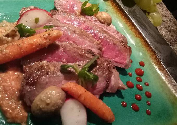 Recipe of Favorite Stiploin steak with seasonal micro salad and horseradish sauce