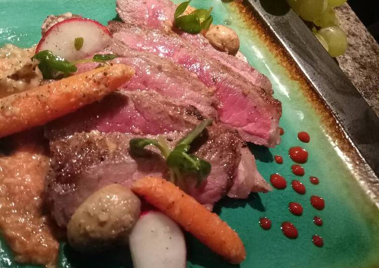 Stiploin steak with seasonal micro salad and horseradish sauce