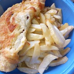 A picture of Fried potatoes with fried egg.