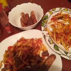 A picture of Chips and sausage.
