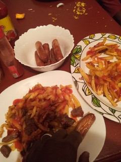 A picture of Chips and sausage.