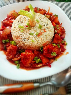 A picture of Chicken and Chilli Saucewith rice bowl...
