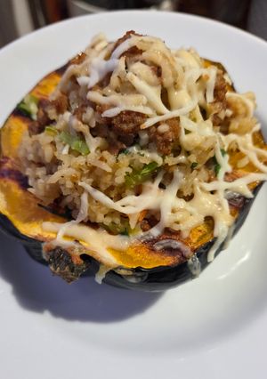 A picture of Sausage and Rice Stuffed Acorn Squash.