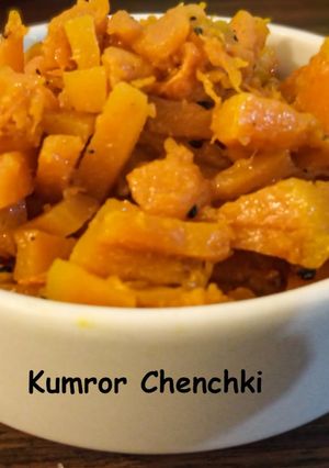 A picture of Kumror Chenchki Pumpkin Stir fry.