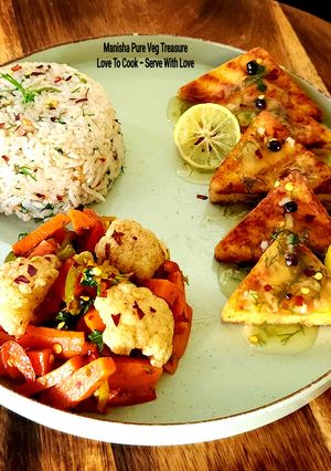 A picture of Paneer Piccata With Sautéed Veggies And Garlicky Herb Rice - Italian To Indian Veg Version Piccata.