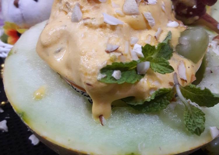 Low-Fat Melon Ice-Cream with Passion fruit and mint fruit salad