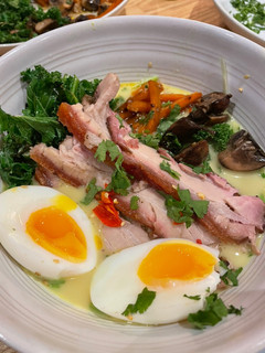 A picture of Leftover pork and vegetable noodle soup.