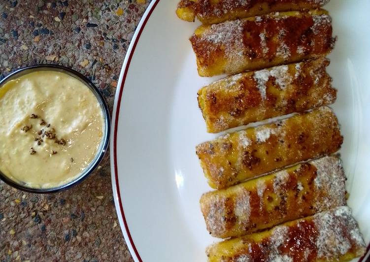 Banana French toast roll ups with peanut sauce. #breakfastideas
