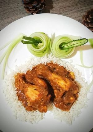 A picture of Chicken korma with Rice.