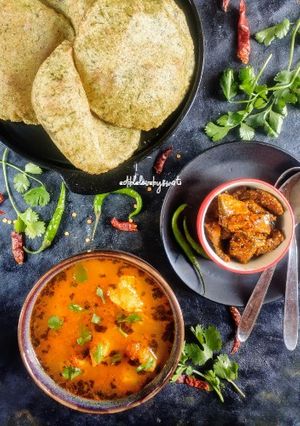 A picture of Bathue ki puri with aloo tamatar ki subzi.