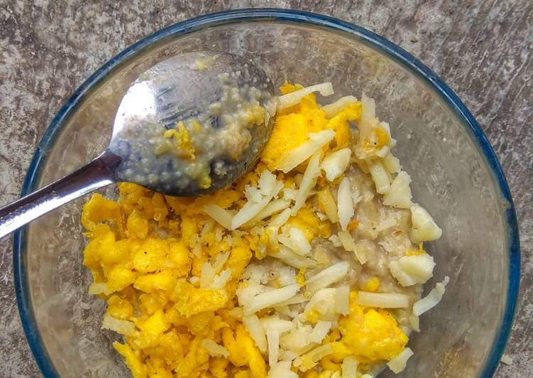 urutan  [MPASI 9M+] Oat w/ Scrambled Egg &amp; Cheese Jadi, Enak Banget