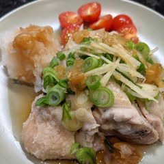 A picture of Just a boiled chicken with Japanese Ponzu sauce.