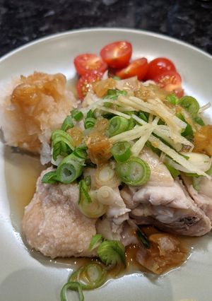 A picture of Just a boiled chicken with Japanese Ponzu sauce.