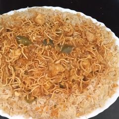 American chop suey with fried rice A picture of American chop suey with fried rice.