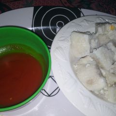 A picture of Boiled Yam with Red Oil Pepper Sauce.