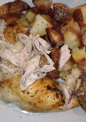 A picture of Oven Roasted chicken and Potatoes with Goose Fat.