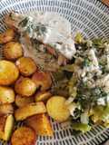 Saumon sauce aneth et pommes de terre grenaille (air fryer) et fondue de poireaux