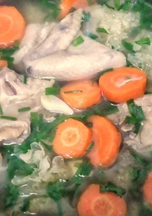 A picture of Chicken Carrots and Clavaria Mushrooms Soup.