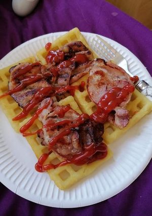 A picture of Potato waffles and bacon.