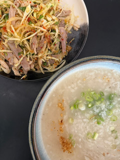 A picture of Vietnamese Spicy Chicken Salad with Ginger Dressing and Congee.