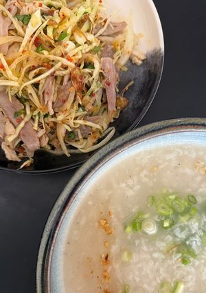 A picture of Vietnamese Spicy Chicken Salad with Ginger Dressing and Congee.
