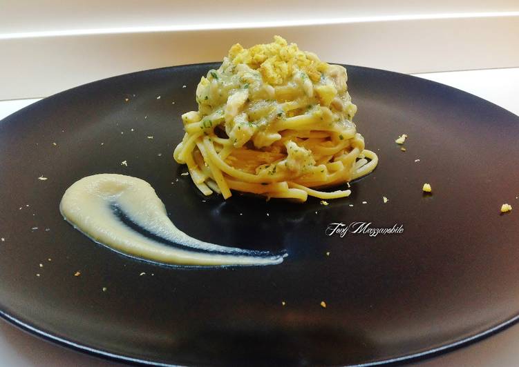 Linguine con branzino e crema di melanzana