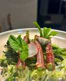 Cabbage&fennel vinaigrette topped with spiced broccolini and prosciutto wrapped asparagus