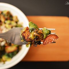 Parmesan, Almonds and Raisins sautéed Brussels sprouts A picture of Parmesan, Almonds and Raisins sautéed Brussels sprouts.