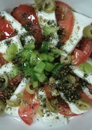 A picture of Haloumie cheese with tomato.