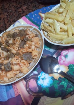 صورة لوصفة مكرونة بالكبده والبطاطس المقلية 🙉😻