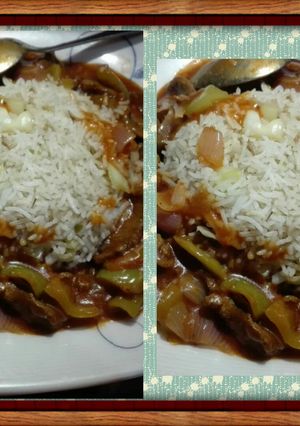 A picture of Lamb chilli with garlic veg rice.