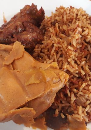 A picture of Local rice and moimoi.