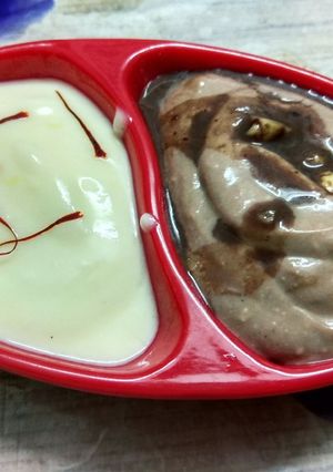A picture of Kesar and chocolate srikhand.