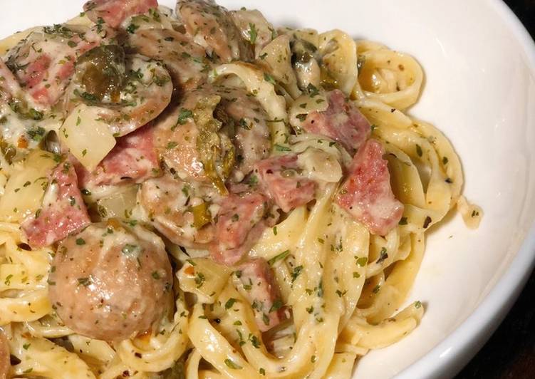 Smoked Beef &amp; Sausage Creamy Capers Pasta