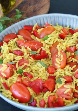 A picture of Whole Wheat Orzo Salad with Turmeric.