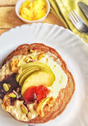A picture of Pumpkin and Ragi Pancake With Caramelized milk.