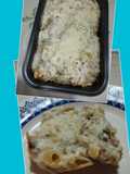 Pasta corta con pollo y salsa blanca gratinada