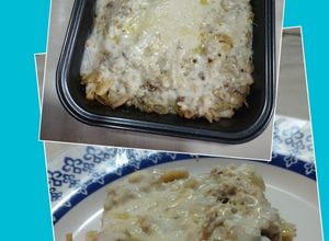 Una foto de Pasta corta con pollo y salsa blanca gratinada