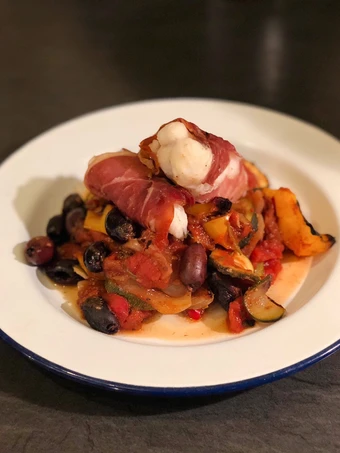 Easy Steps Prepare|Recipe} Monkfish in Parma ham with kalamata olive ratatouille Anti-Fail