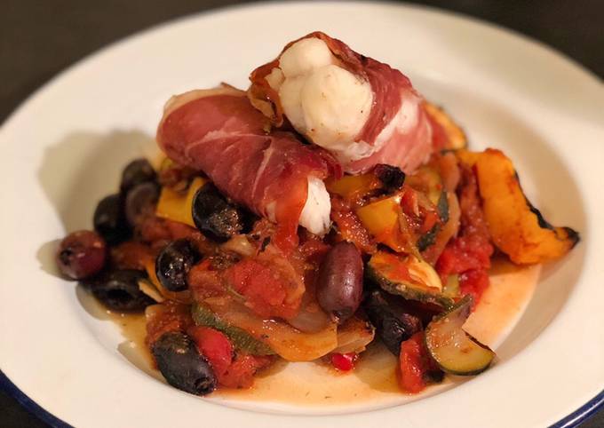 Monkfish in Parma ham with kalamata olive ratatouille