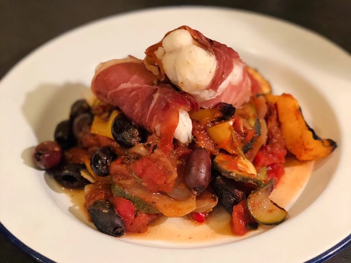 Easy Steps Prepare|Recipe} Monkfish in Parma ham with kalamata olive ratatouille Anti-Fail