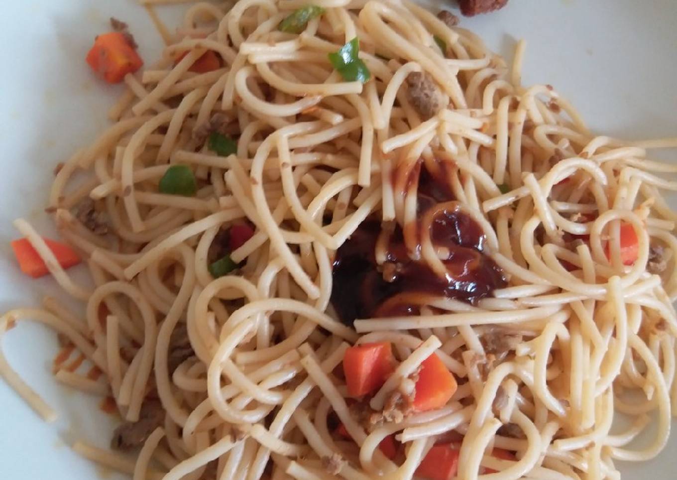 Vegetable Spaghetti and bbq sauce