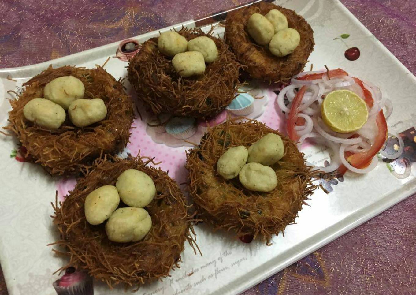 Bird's nest with veg eggs