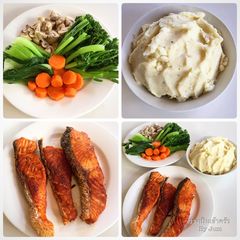 A picture of Salmon with mash potato and vegetables.