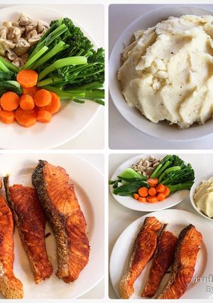 A picture of Salmon with mash potato and vegetables.