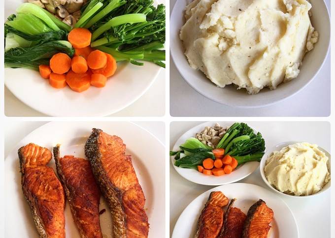Salmon with mash potato and vegetables