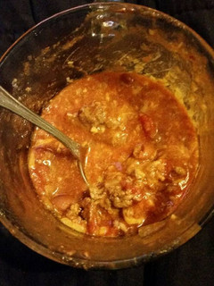 A picture of Farm girl homemade chill with a twice and corn bread crob.