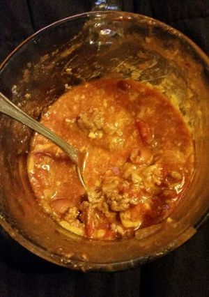 A picture of Farm girl homemade chill with a twice and corn bread crob.