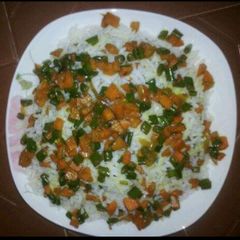 A picture of White Rice and stir- fried veggies.