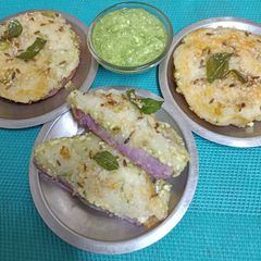 Layered Farali Handvo / Kand Potato Handvo with Paneer Stuffing A picture of Layered Farali Handvo / Kand Potato Handvo with Paneer Stuffing.